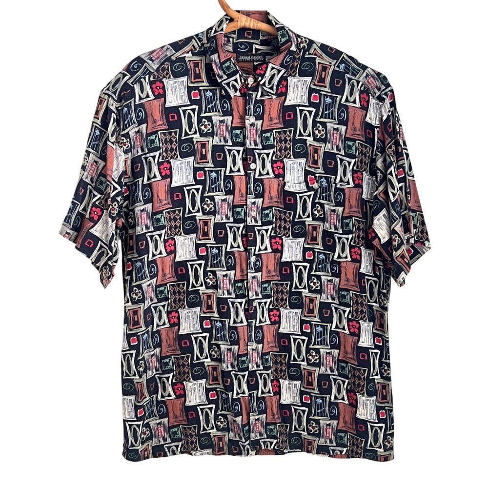 Casual Classics Button Up Shirt Large Mens Rayon Abstract Geometric Black Retro